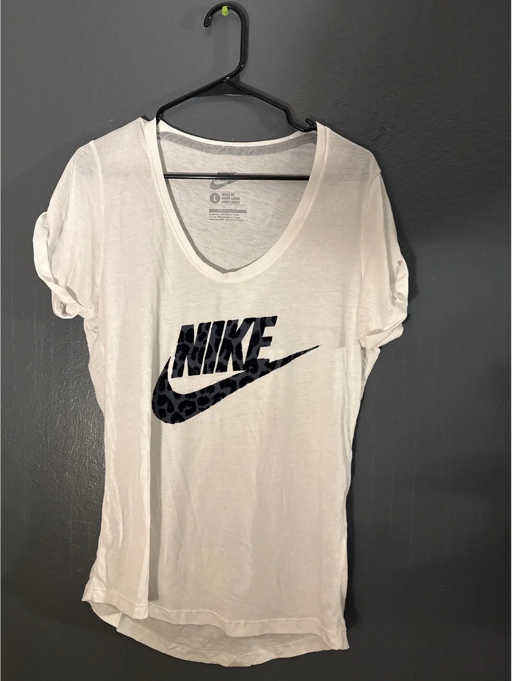 Nike White V-Neck Loose Fit T-Shirt with Leopard Print Logo